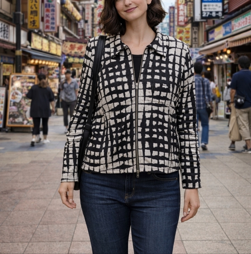 Joseph‎ Ribkoff Checkered Graphic Print Full Zip Jacket Size 12